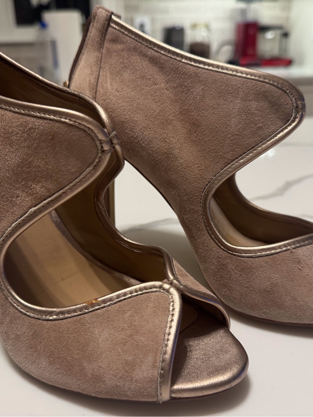 Ann Taylor Metallic Taupe Suede Peep-Toe Heels